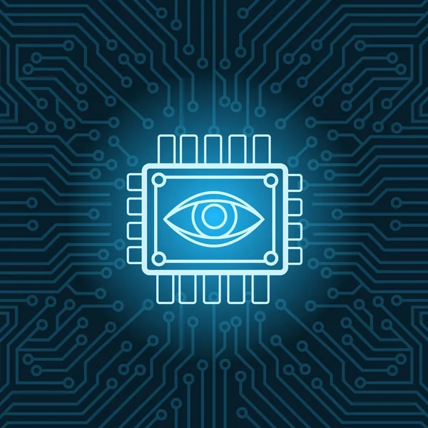 チップ ブルー回路マザーボードの背景の上に人間の目のアイコン — ストックベクタ