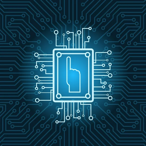 Ikon Tangan Manusia Pada Chip Over Blue Circuit Latar Belakang Motherboard - Stok Vektor