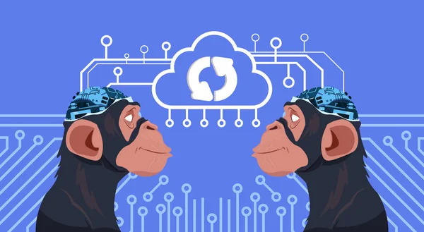 Мавпи голови з кіборг мозок оновлення над схемою фон вертикальний прапор штучного інтелекту концепції — стоковий вектор