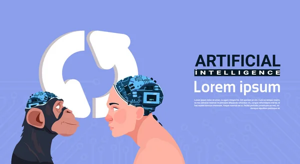 Maschio e scimmia testa con cervello moderno cyborg sopra aggiornamento segno Aroows intelligenza artificiale concetto — Vettoriale Stock