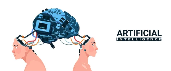 Чоловічі та жіночі голови з сучасним мозком ізольовані на білому тлі концепції штучного інтелекту — стоковий вектор