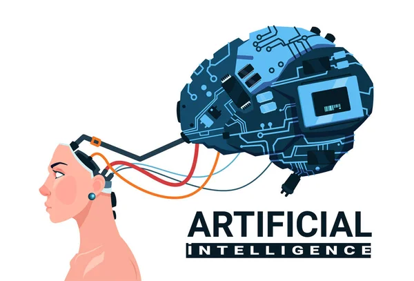 Női fej, Modern Cyborg agy elszigetelt fehér háttér mesterséges intelligencia fogalma — Stock Vector