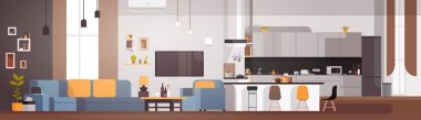 Modern Daire iç oturma odası ve mutfak yatay Banner ile