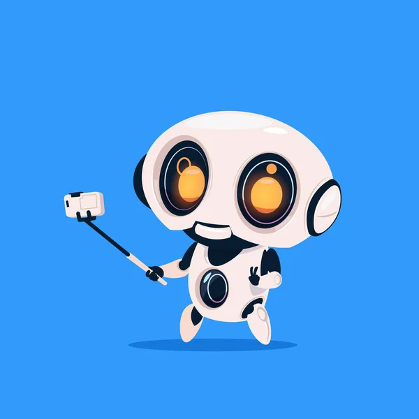 Cute Robot tomar foto selfie aislado icono sobre fondo azul moderna tecnología concepto de inteligencia artificial — Vector de stock