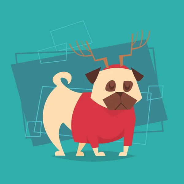 Σκύλος φορούν κέρατο ταράνδου και πουλόβερ ευτυχισμένο το νέο έτος 2018 Ζωδιακό σύμβολο — Διανυσματικό Αρχείο