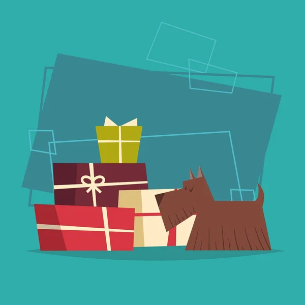Perro con regalos Stack Box Año Nuevo y Navidad 2018 Zodiac Symbol Banner — Vector de stock
