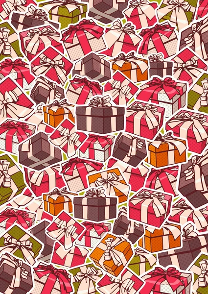 Cajas de regalo de colores y lazos rojos cintas de diseño de fondo de vacaciones — Vector de stock