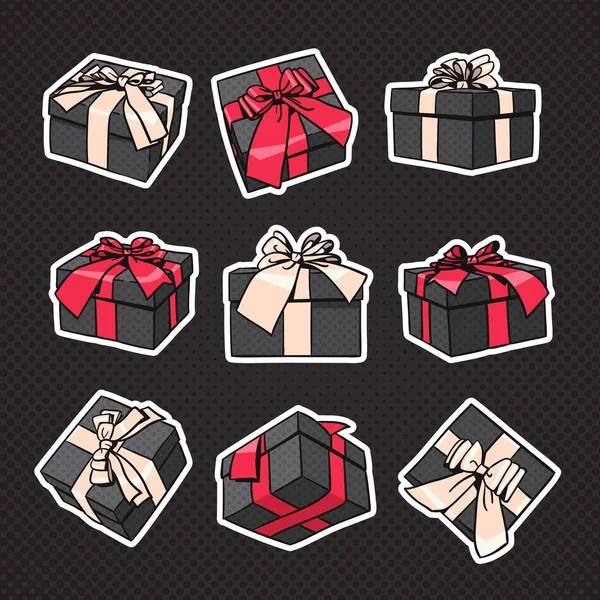 Conjunto de cajas de regalo icono con arco y cinta sobre fondo negro — Vector de stock