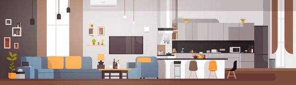 Interiér moderní byt s obývacím pokojem a kuchyní horizontální Banner — Stockový vektor