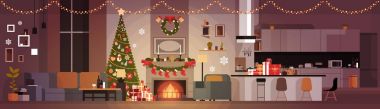 Oturma odası dekore edilmiş Noel ve yeni yıl yatay Banner çam ağacı, şömine ve çelenk tatil ev iç için