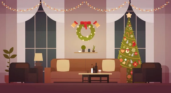Главная Рождественский интерьер с сосновым деревом, украшение гостиной на Новый год — стоковый вектор