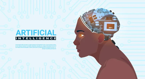 Mężczyzna African American głowy z nowoczesnym Cyborg mózgu na obwodzie płyty głównej w tle koncepcji sztucznej inteligencji — Wektor stockowy