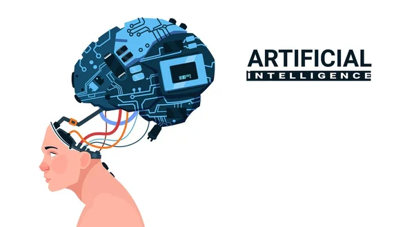 Męskiej głowy z nowoczesnym Cyborg mózg na białym tle na tle koncepcji sztucznej inteligencji — Wektor stockowy