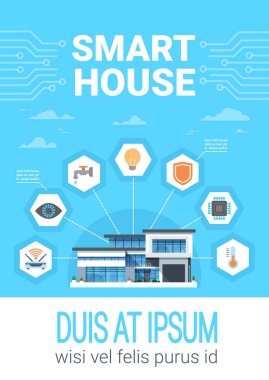 Merkezi akıllı ev kavramı Infographics Modern ev teknolojisi sistemi ile denetim simgeler afiş