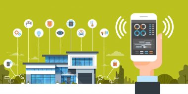 El smartphone akıllı ev sistemi denetim arabirimi Modern ev otomasyon kavramı ile tutarak