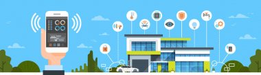 El smartphone akıllı ev sistemi denetim arabirimi Modern ev otomasyon kavramı yatay Banner ile tutarak