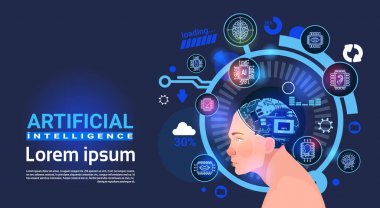 Yapay zeka erkek baş siber beyin Modern teknoloji robotlar afiş kopya alanı ile