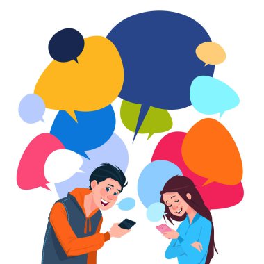 Akıllı telefonlar renkli sohbet kabarcıklar arka plan sosyal medya iletişim yaşam tarzı kavram üzerinde genç erkek ve kız hücre tutan mesajlaşma