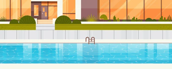 Blauer Swimmingpool in der Nähe von Luxus-Villen-Haus, Außenseite des modernen Ferienhauses horizontale Fahne — Stockvektor