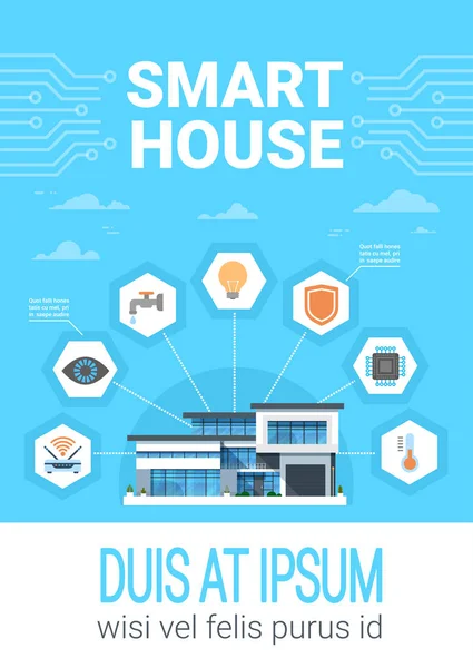 Sistema moderno da tecnologia da casa dos infográficos do conceito da casa inteligente com bandeira centralizada dos ícones do controle —  Vetores de Stock