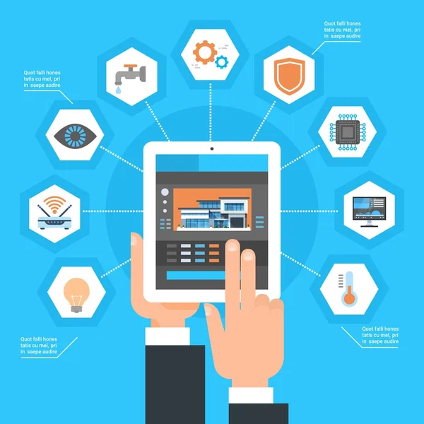 Uso manual del sistema de control del hogar inteligente en Tablet Computer House Monitoring Automation Concept — Vector de stock