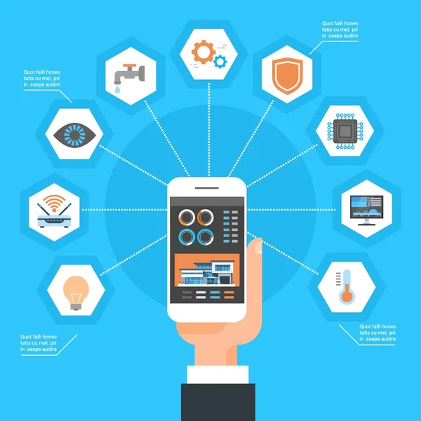 Hand mit Smart-Home-Steuerung auf Smartphone Haus Überwachung Automatisierungskonzept — Stockvektor