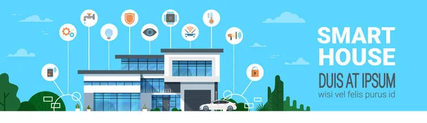 Smart House Control System Interface Infografías Iconos de tecnología doméstica moderna Banner horizontal — Archivo Imágenes Vectoriales