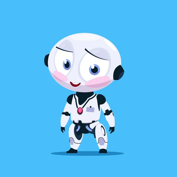 Pequeño robot tímido con mejillas destelladas aisladas en el icono de fondo azul — Vector de stock