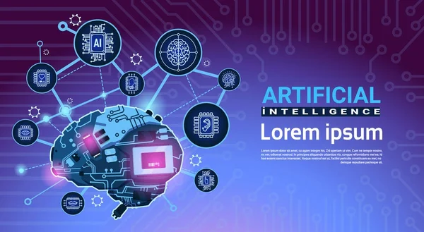 Banner de inteligência artificial com roda de engrenagem cibernética e engrenagens sobre fundo de placa-mãe com espaço de cópia — Vetor de Stock