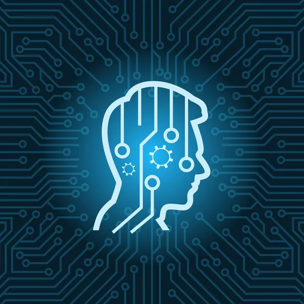 Icono de pensamiento digital de cabeza humana sobre fondo de placa base de circuito azul — Archivo Imágenes Vectoriales