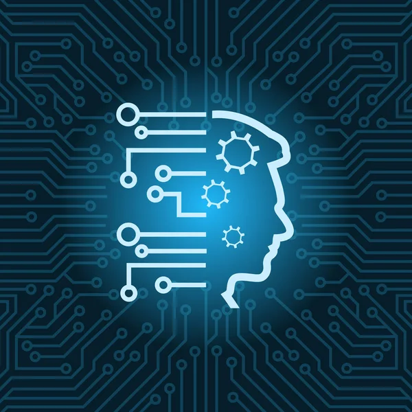 Icône de tête humaine sur fond de carte mère de circuit bleu — Image vectorielle