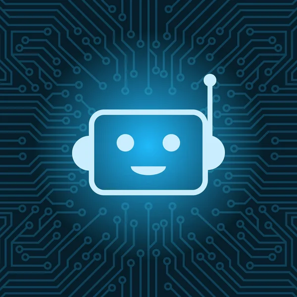 Chat Bot πρόσωπο εικονίδιο χαμογελώντας ρομπότ πέρα από το υπόβαθρο μητρική πλακέτα κυκλώματος μπλε — Διανυσματικό Αρχείο