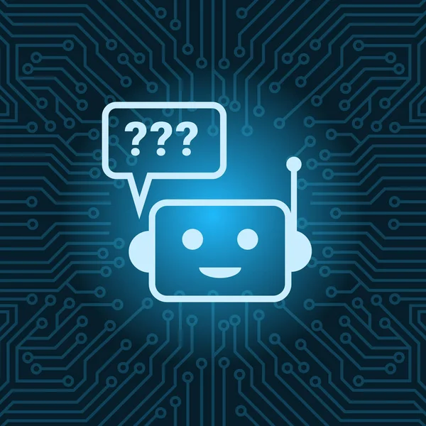 Chat Bot gezicht pictogram met vraag Mark Robot Over blauwe Circuit moederbord achtergrond — Stockvector