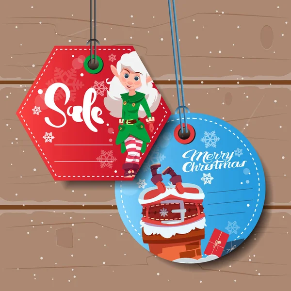 Two Tags Christmas Sale Concept Colorful Discount Signs On Wooden Background — Stock Vector