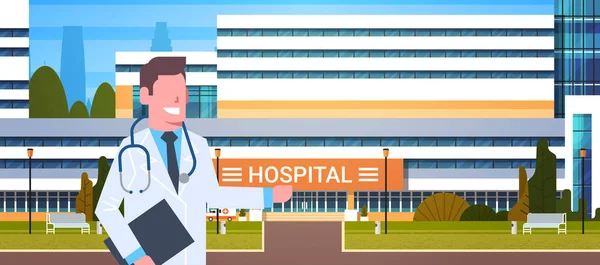 Médico masculino parado sobre el edificio del hospital Punto exterior Mano en la clínica moderna — Archivo Imágenes Vectoriales