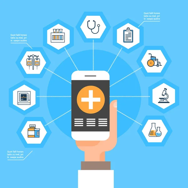 Рука тримайте смартфон з медичним застосуванням іконки медицини соціальна мережа Інтернет концепція лікування — стоковий вектор