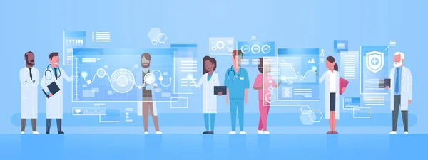 Grupo de Médicos Diversos Usar Tela Virtual de Computador com Botões Digitais Inovação Tecnologia Conceito Tratamento Médico Moderno — Vetor de Stock