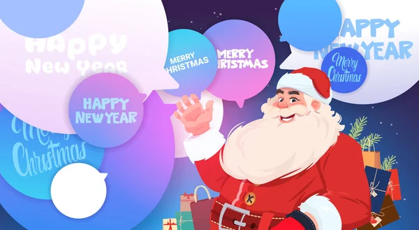 Santa Claus över chatt bubblor med god jul och gott nytt år meddelanden semester affisch dekoration — Stock vektor