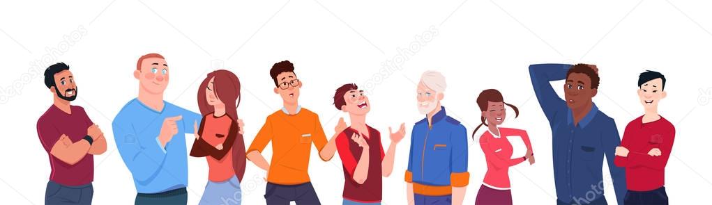 Group Of People Mix Race Cartoon Of Different Age Isolated On White Background Horizontal Banner Diverse Modern Men And Women