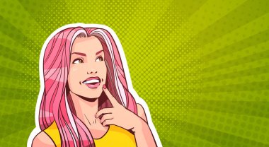 Pop art alan renkli nokta arka plan üzerinde kopyalamak için yukarı seyir uzun pembe saçlı güzel kadın portresi