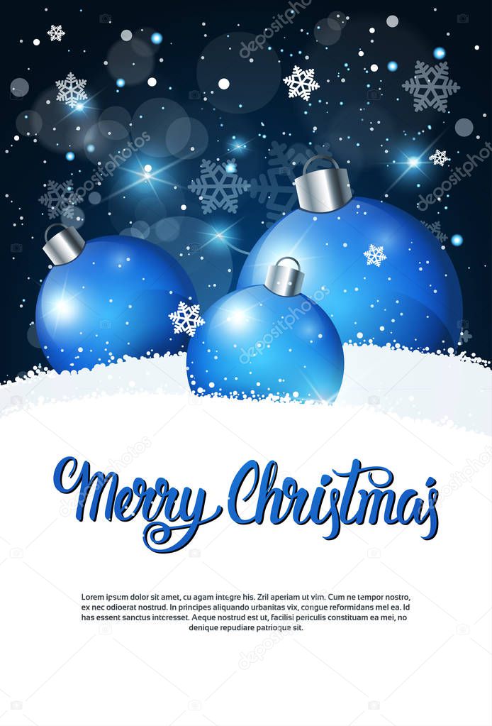 Creative Holiday Poster Merry Christmas Greeting Over Blue Decoration Balls Banner With Copy Space