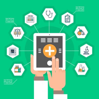 Tıbbi uygulama tıp simgeler sosyal ağ Online tedavi konsepti ile el ele dijital Tablet