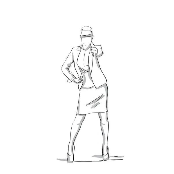 Schizzo silhouette di donna d'affari confuso parlando su telefono conversazione tenendo braccio su fianchi businesswoman full length su sfondo bianco — Vettoriale Stock
