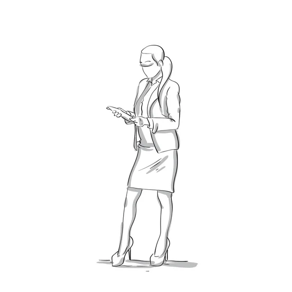 Femme d'affaires lisant des documents esquisse la silhouette de femme d'affaires pleine longueur sur fond blanc — Image vectorielle