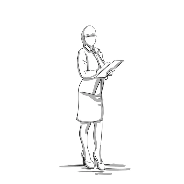 Croquis Silhouette de femme d'affaires tenant des documents Dossier Femme d'affaires pleine longueur sur fond blanc — Image vectorielle