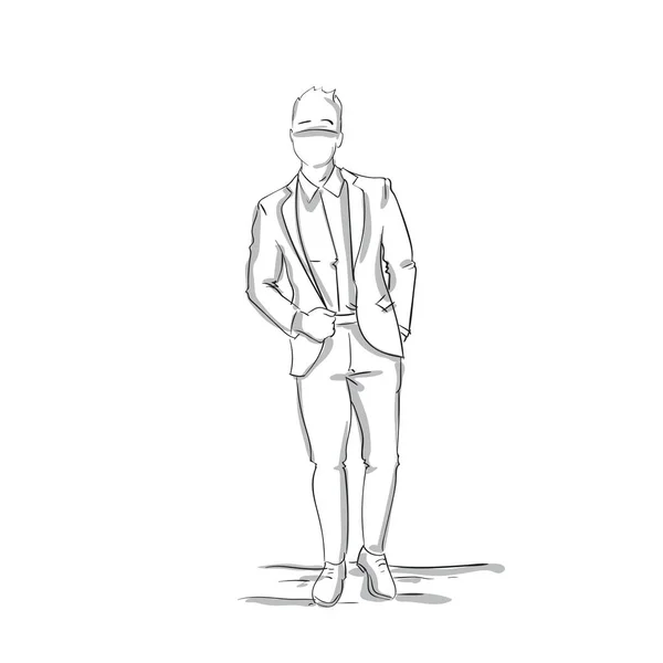 Esboço silhueta de confedent homem de negócios no terno, empresário comprimento total no fundo branco — Vetor de Stock