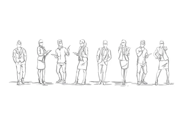 Set van Sketch silhouetten van ondernemers cijfers vrouwelijke ondernemers en ondernemers volledige lengte op witte achtergrond — Stockvector
