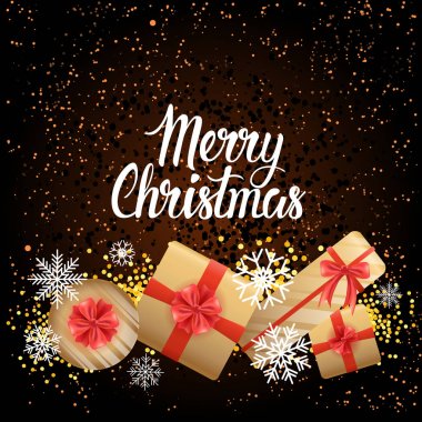 Kış tatil tebrik kartı mutlu Noeller Poster farklı hediye kutuları arka plan üzerinde