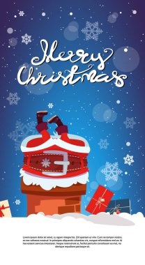 Merry Christmas dikey afiş ile baca Santa Claus yığınında afiş tasarımı kopya alanı ile tatil