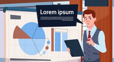 Kartı grafik ve grafik iş adam seminer veya rapor toplantı ile tanıtım standı tutan işadamı